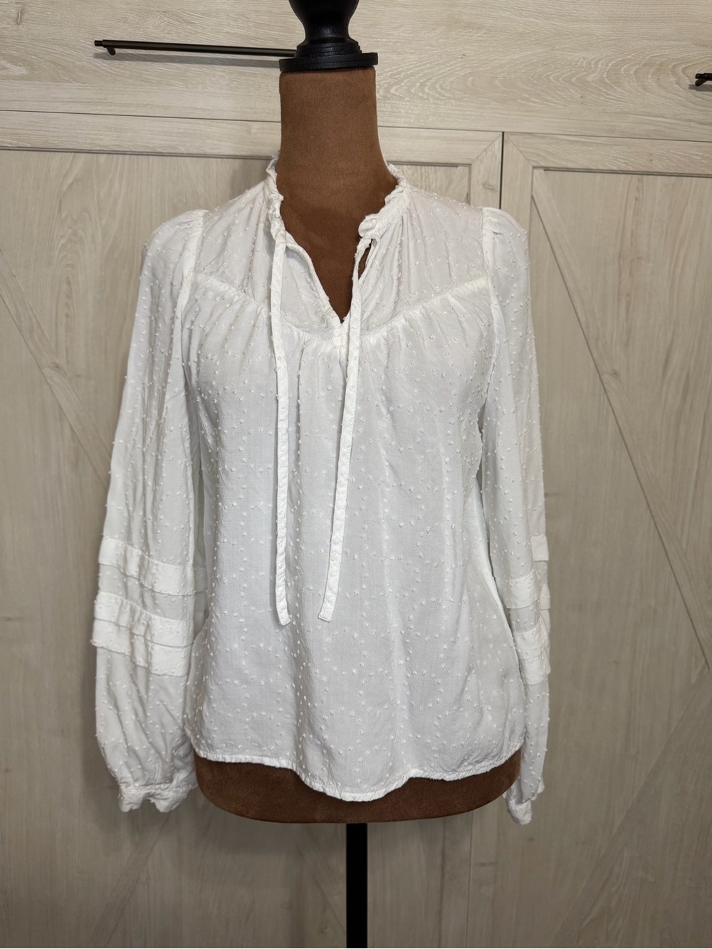 Women's White Swiss Dot Tie-Neck Blouse - Size XXS